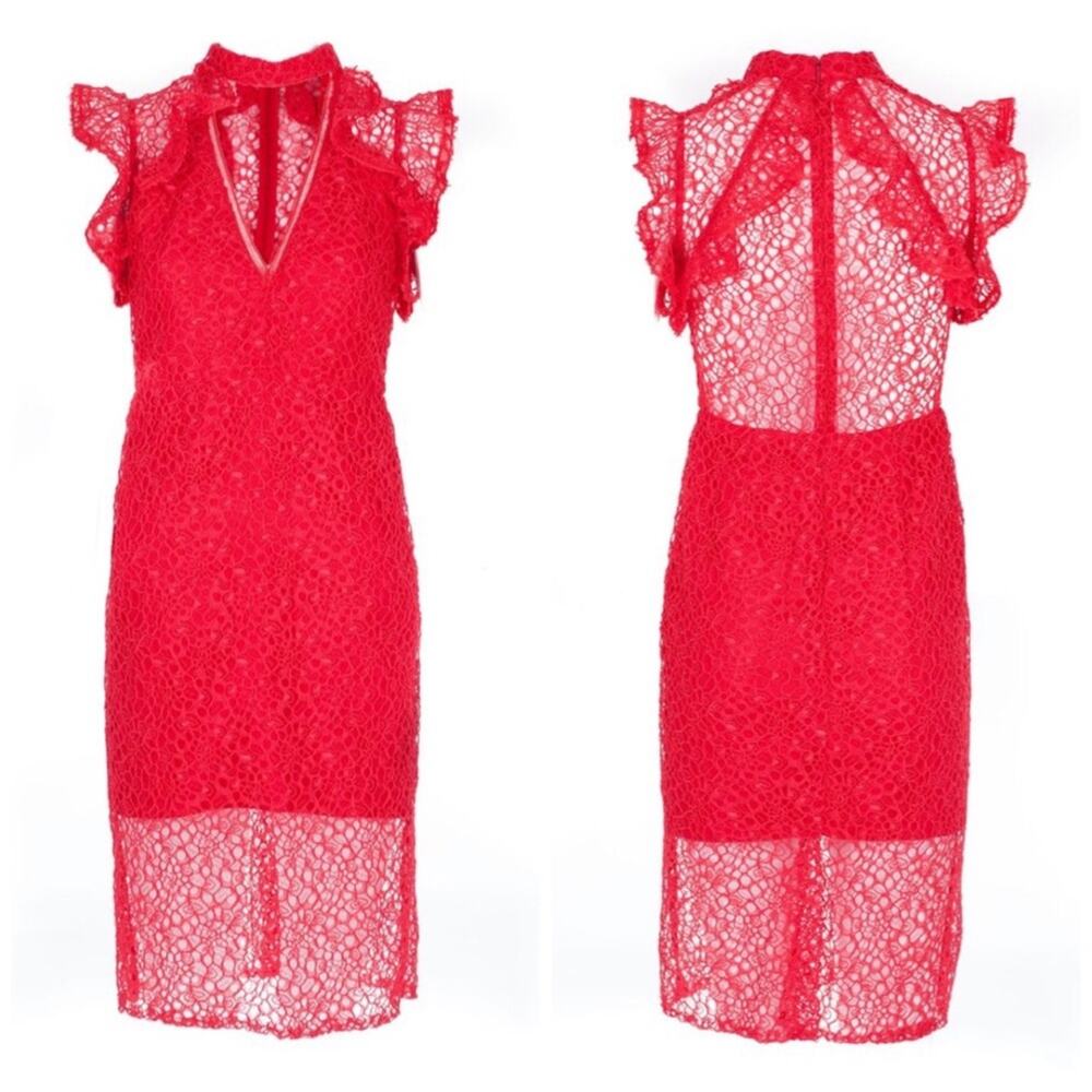 🆕 Alexis Dress Halley Red Lace Ruffle Cutout Short Sleeve Dress Size XS - Picture 2 of 8